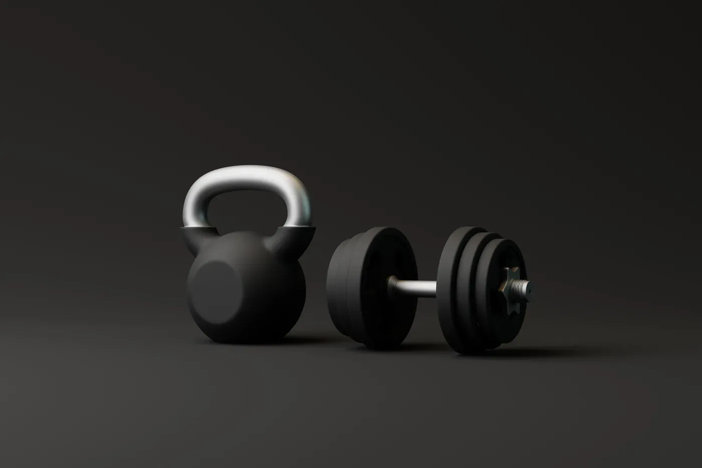 Black kettlebell and dumbbell side by side on a dark background