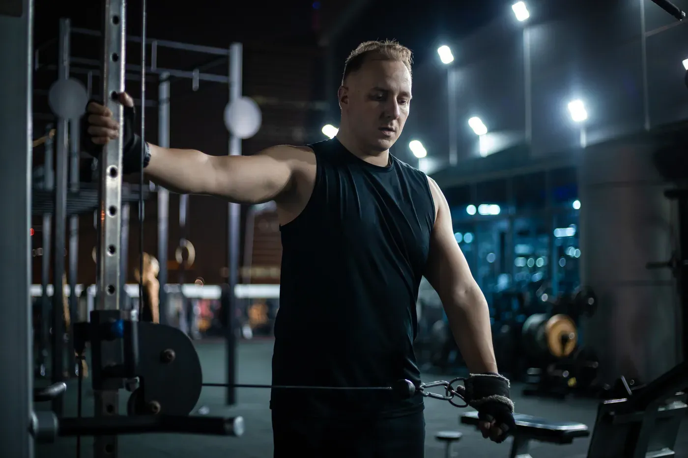 Man doing a single-arm cable exercise in a dark gym at night