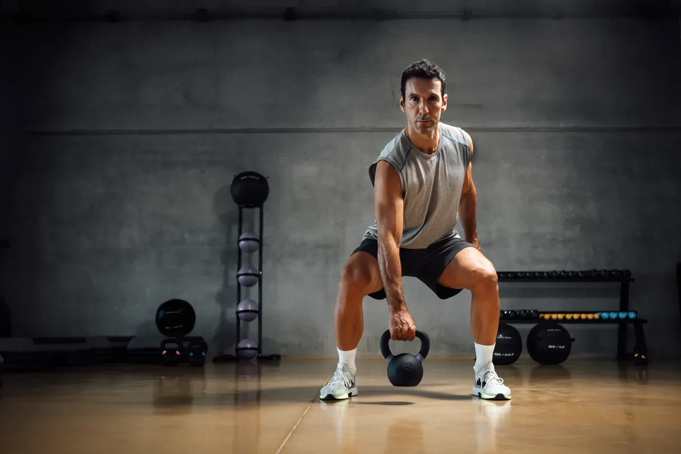 Man in his forties doing a kettlebell sumo deadlift in a studio gym