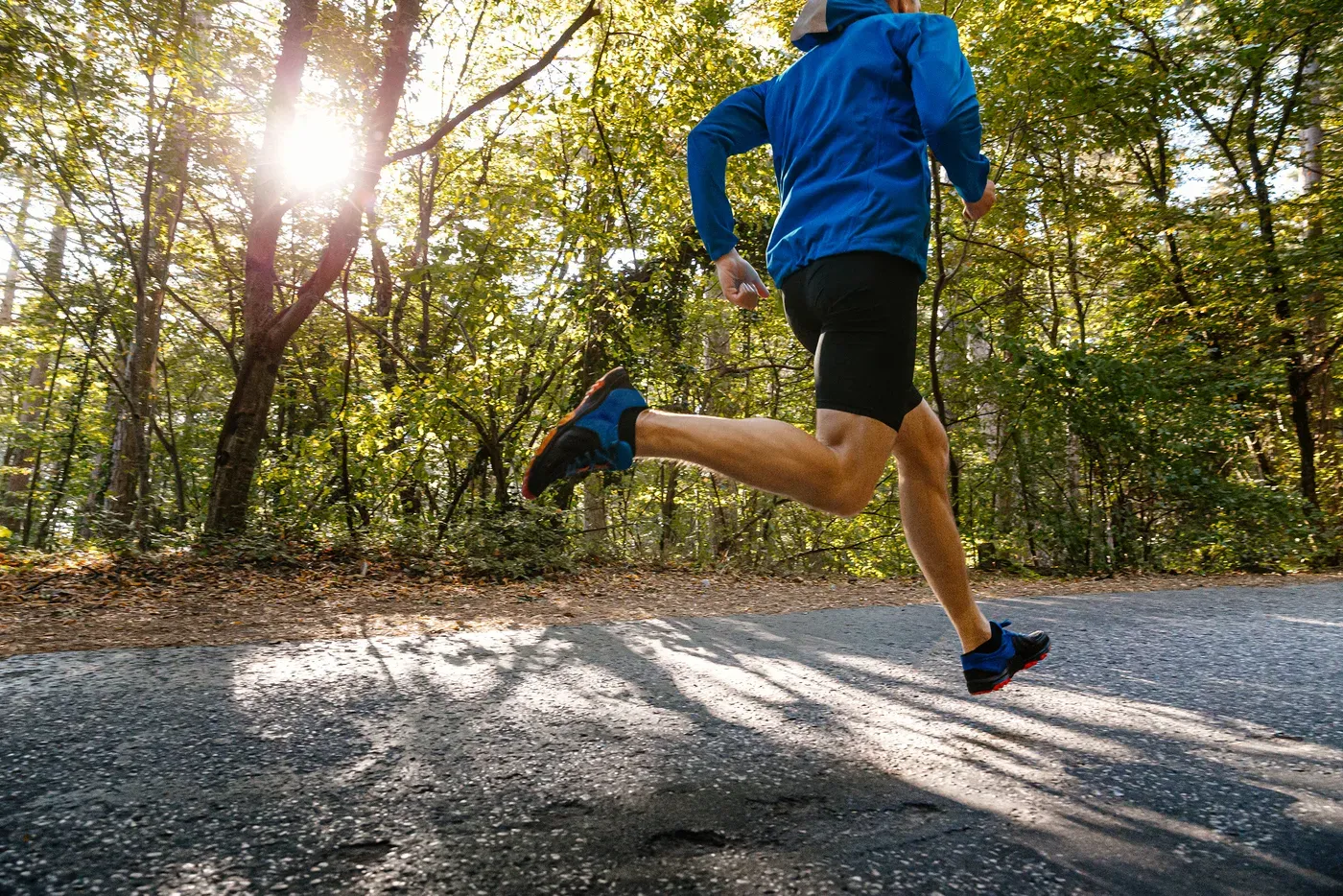 Runner in a blue jacket striding along a sunlit park road