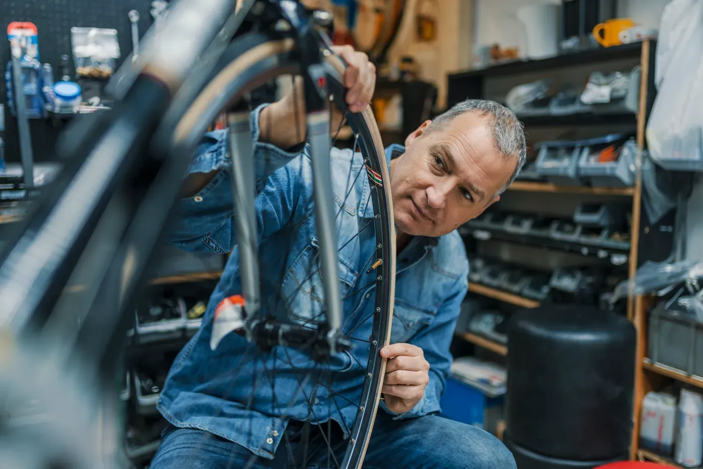 Grey-haired man checking a bicycle wheel in a bike workshop