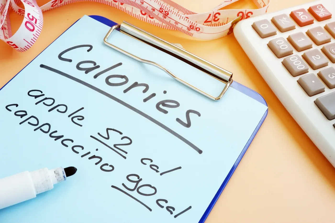 Clipboard listing calories for an apple and a cappuccino beside a calculator