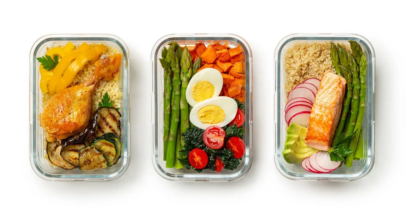 Three glass containers with chicken, eggs, salmon, vegetables and grains