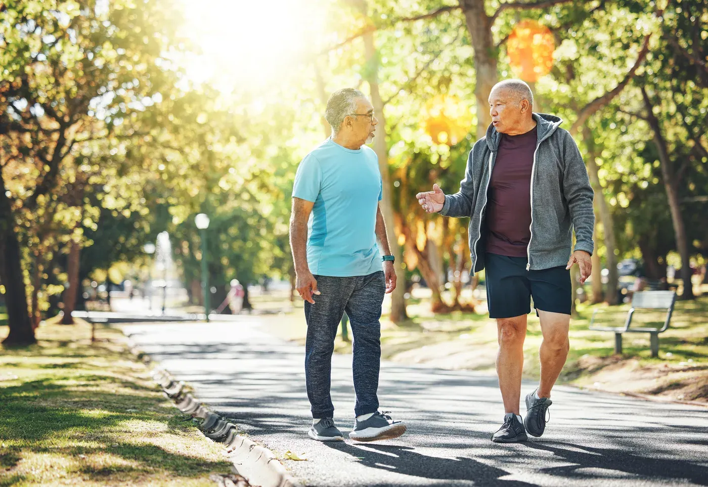 Two older men talking while walking briskly on a park path