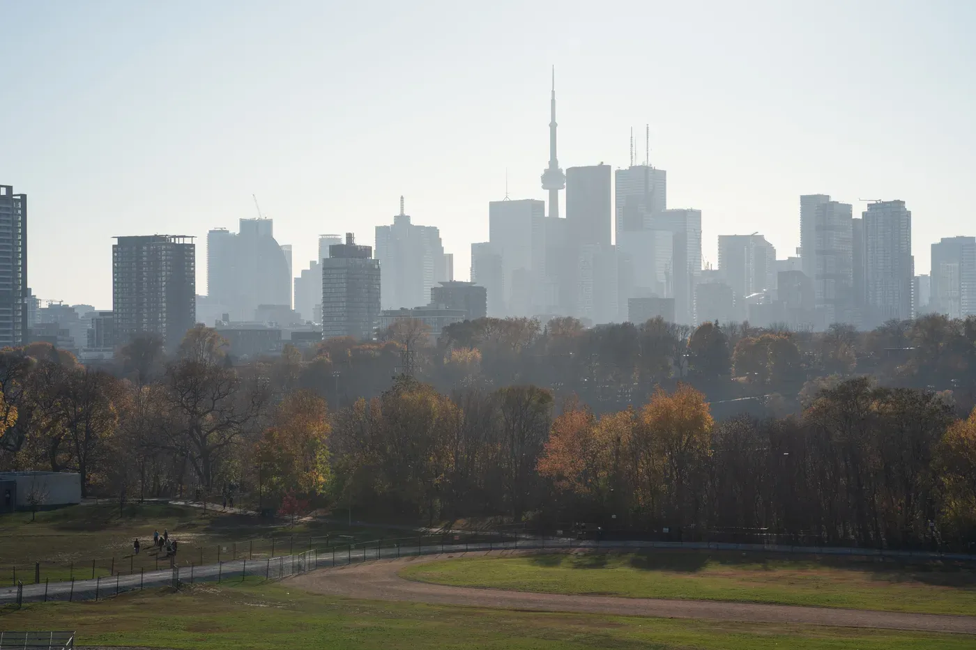 Downtown Toronto skyline in morning haze seen from Riverdale Park